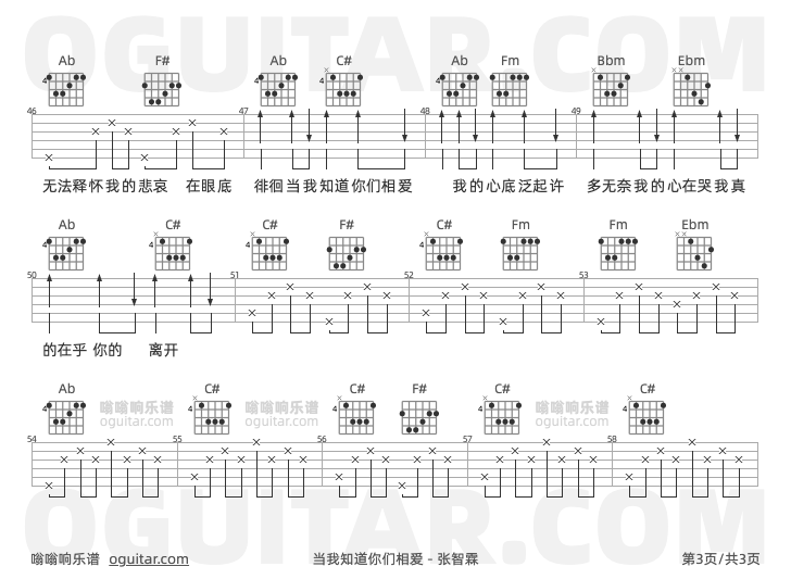 当我知道你们相爱吉他谱,张智霖歌曲,C调指弹简谱,3张教学六线谱