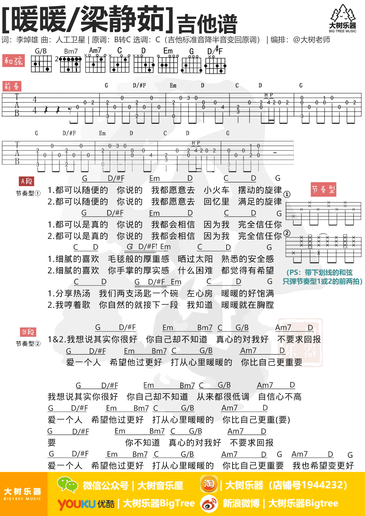 暖暖吉他谱,简单C调原版指弹曲谱,梁静茹高清六线谱附歌词