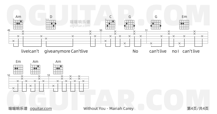 WithoutYou吉他谱,Mariah Carey歌曲,G调指弹简谱,4张教学六线谱