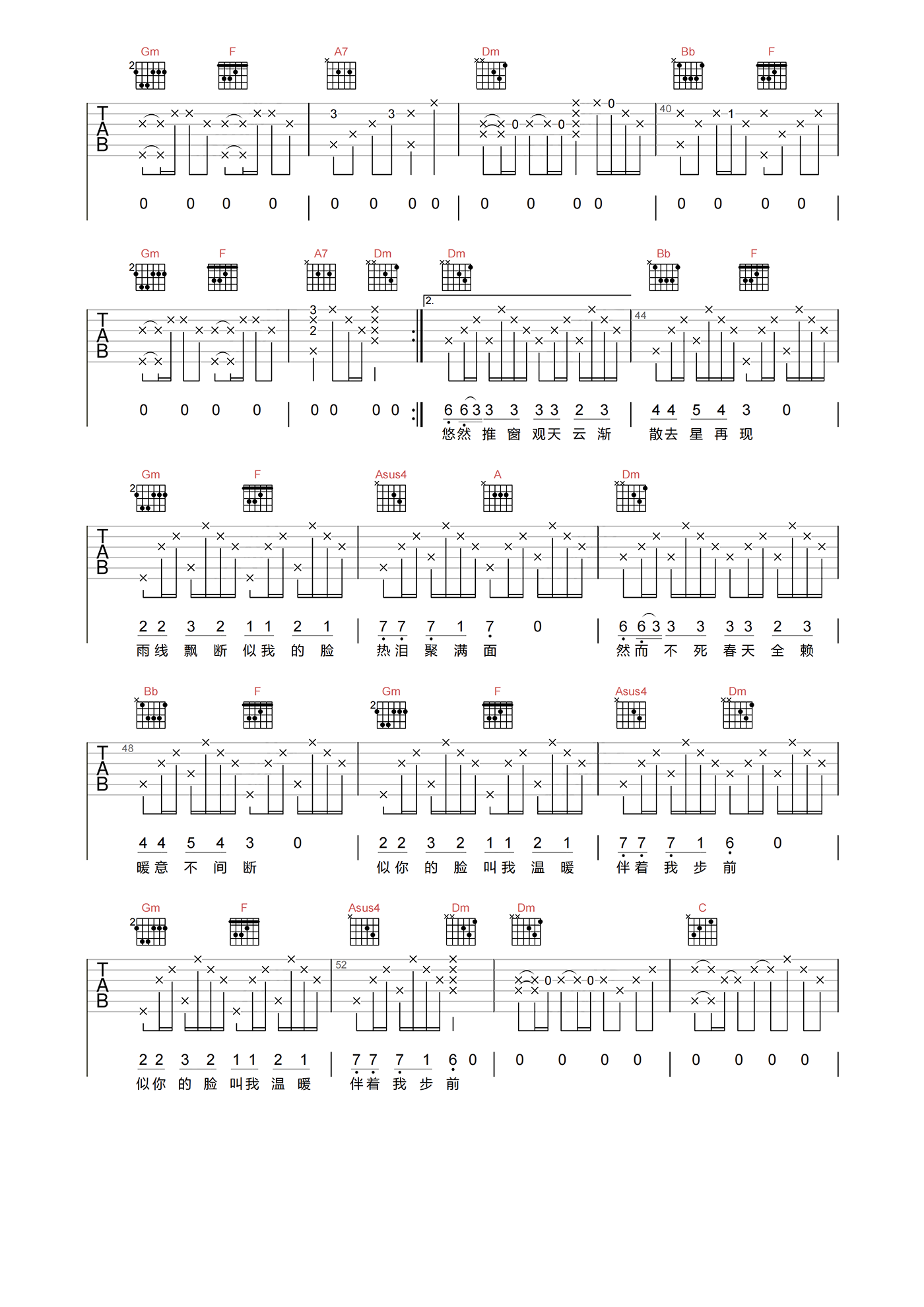 几许风雨罗文吉他谱,简单F调原版指弹曲谱,罗文高清六线谱教程