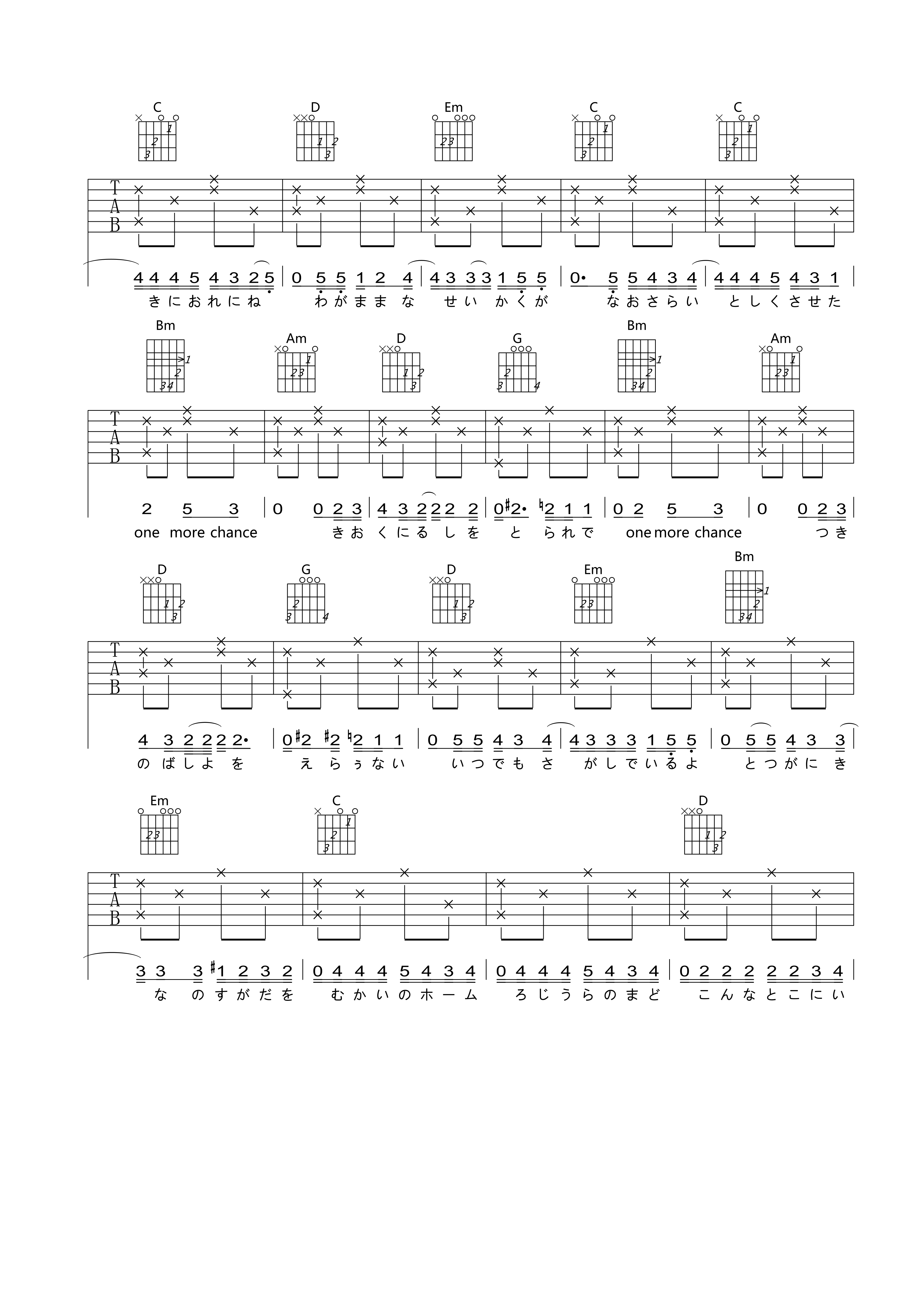 秒速五厘米One More T吉他谱,简单G调原版指弹曲谱,秒速五厘米高清六线谱教程