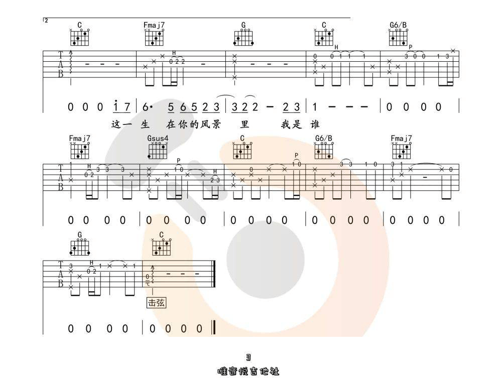 这一生关于你的风景吉他谱,简单C调原版指弹曲谱,隔壁老樊高清六线谱简谱