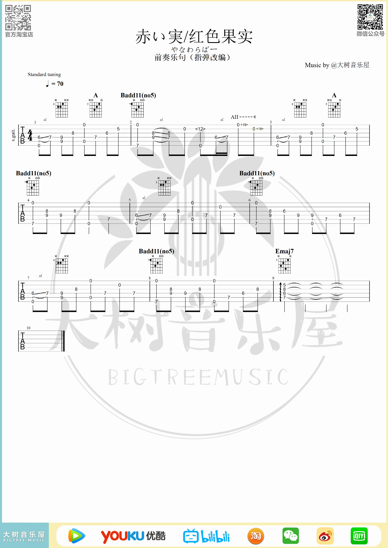 赤い実/红色果实吉他谱,歌曲,简单指弹教学简谱,指弹吉他谱附教学演示 