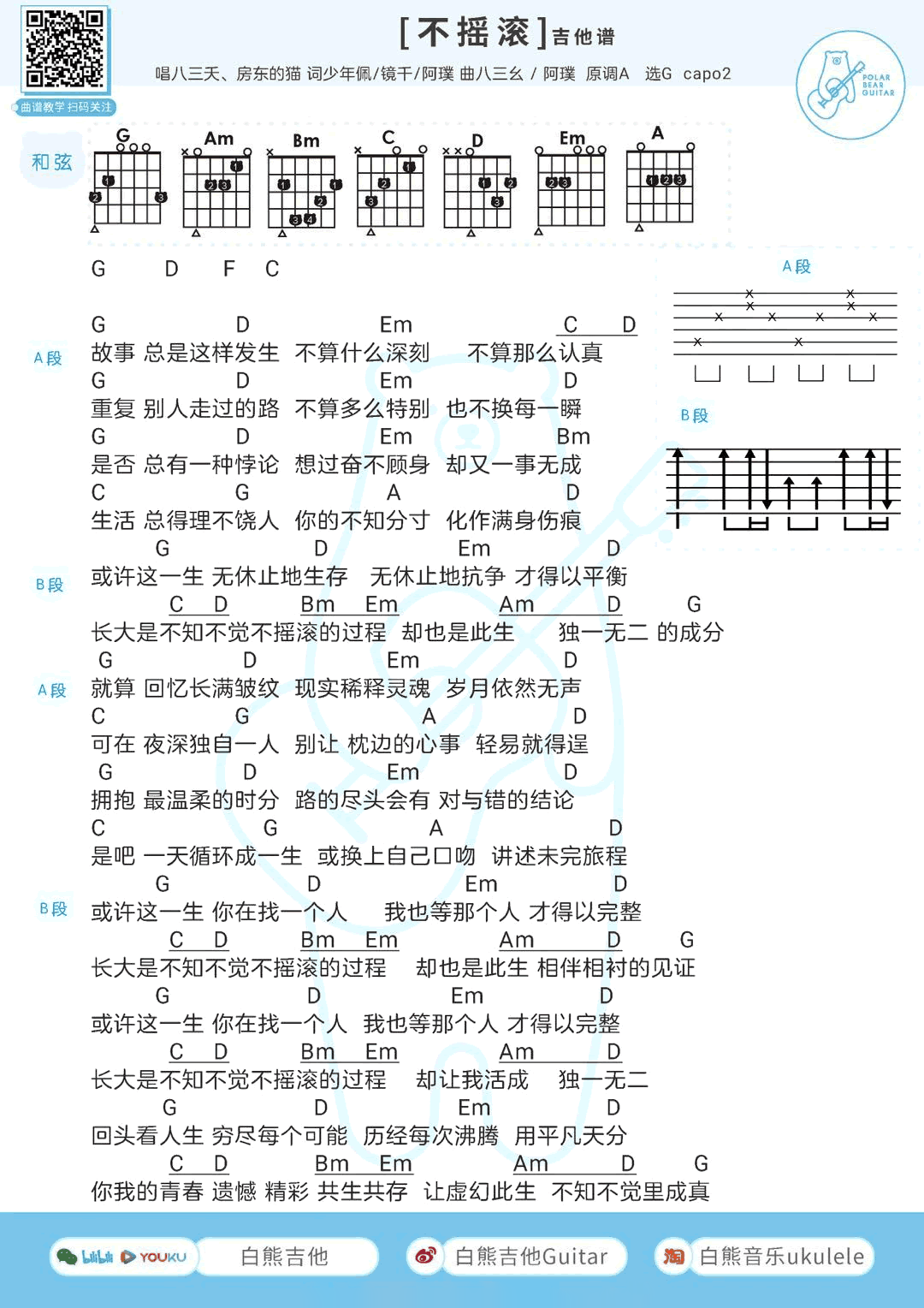 不摇滚吉他谱,原版房东的猫歌曲,简单G调指弹曲谱,高清六线乐谱