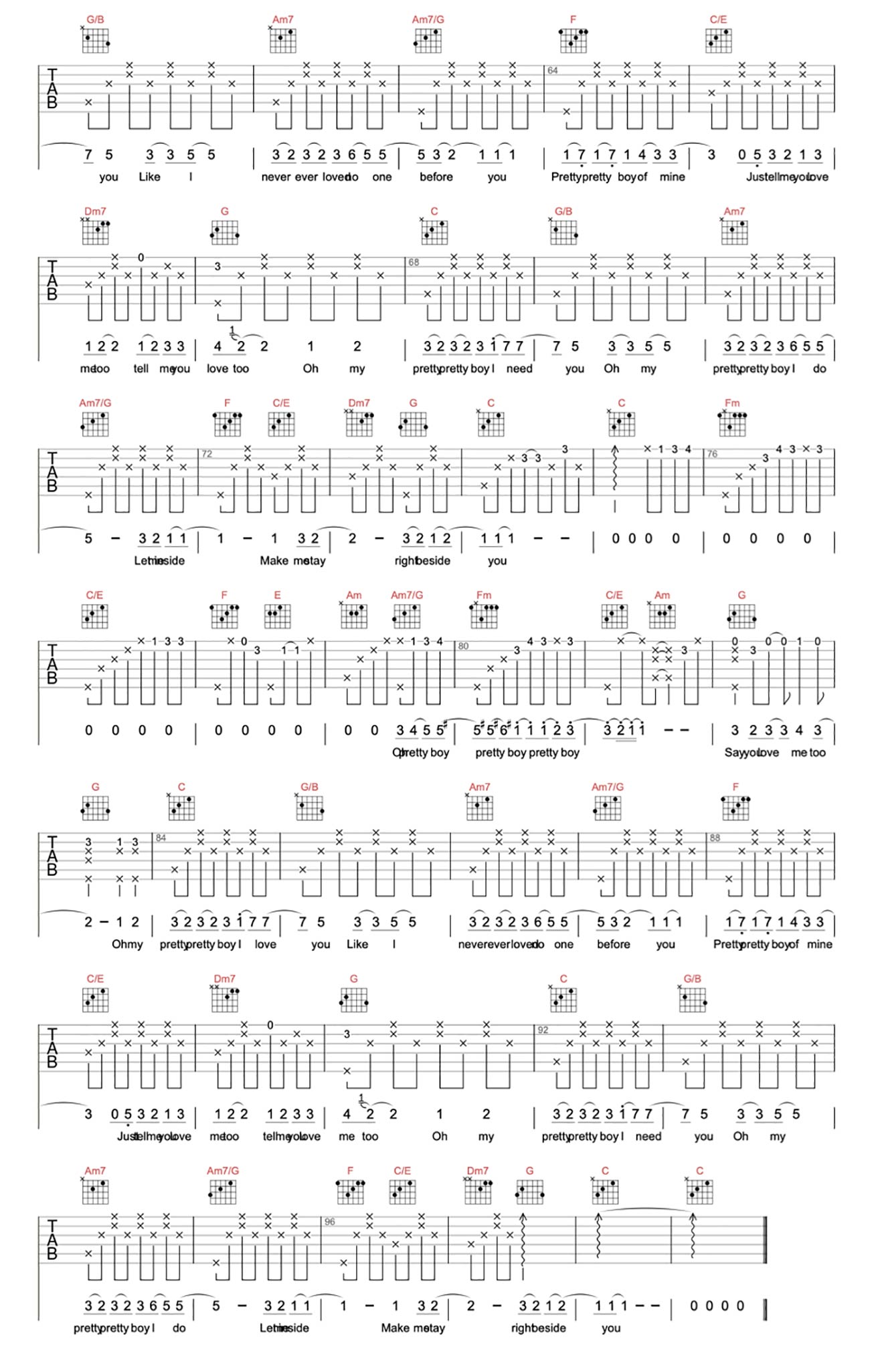 PRETTY BOY吉他谱,简单C调原版弹唱曲谱,M2M高清六线谱教程