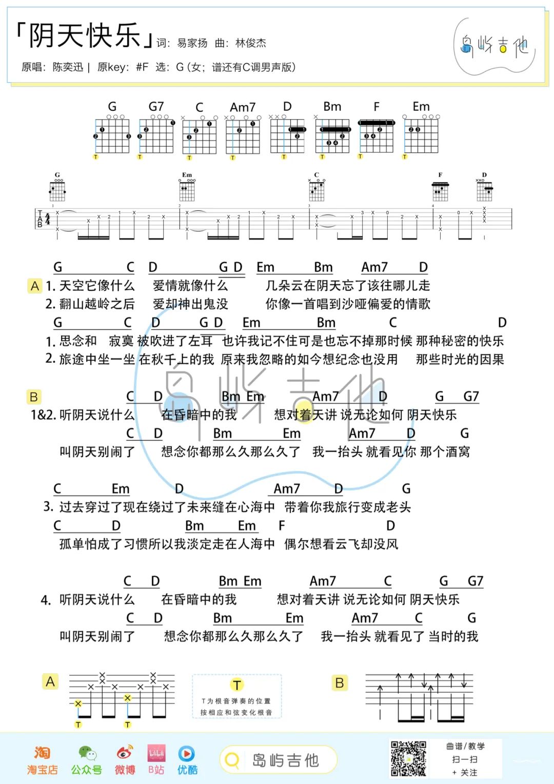 阴天快乐吉他谱,陈奕迅歌曲,简单指弹教学简谱,吉他弹唱教学讲解 