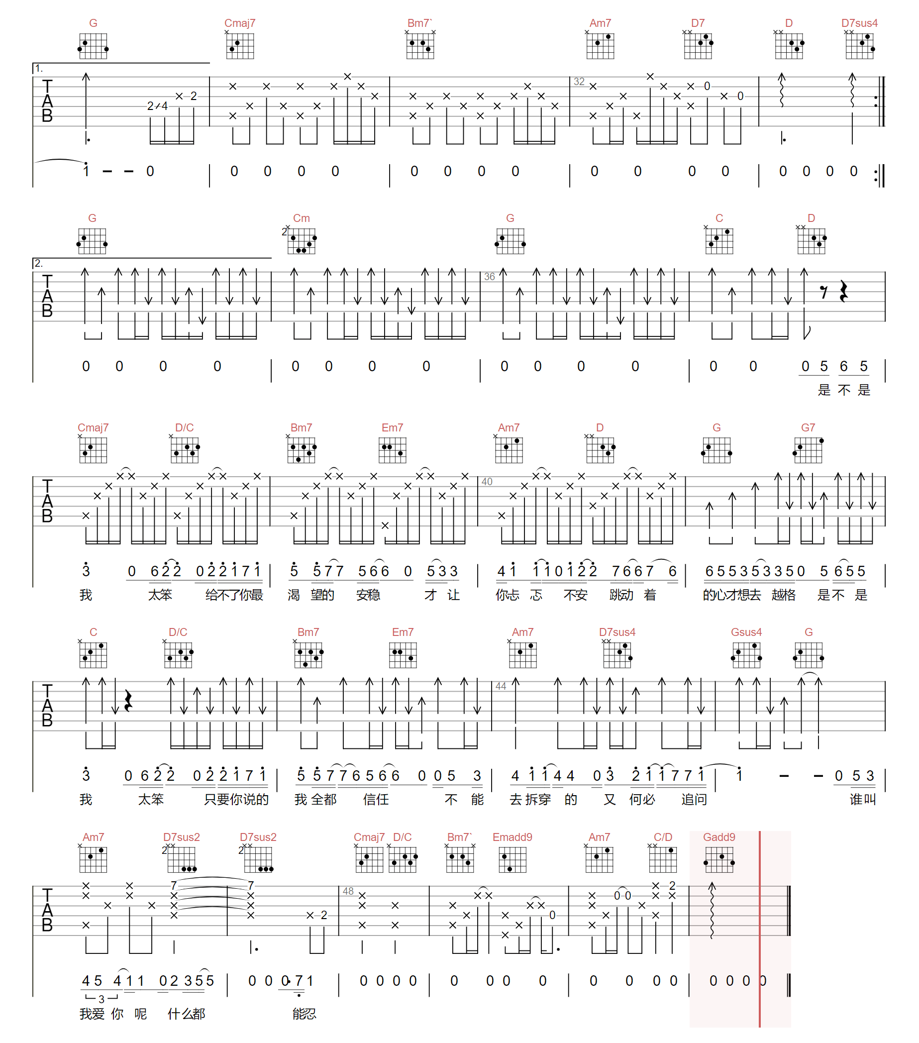 我太笨吉他谱,简单G调原版弹唱曲谱,锤娜丽莎高清六线谱教学