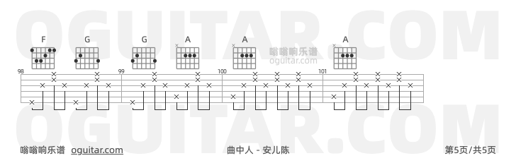 曲中人吉他谱,安儿陈歌曲,C调指弹简谱,5张教学六线谱