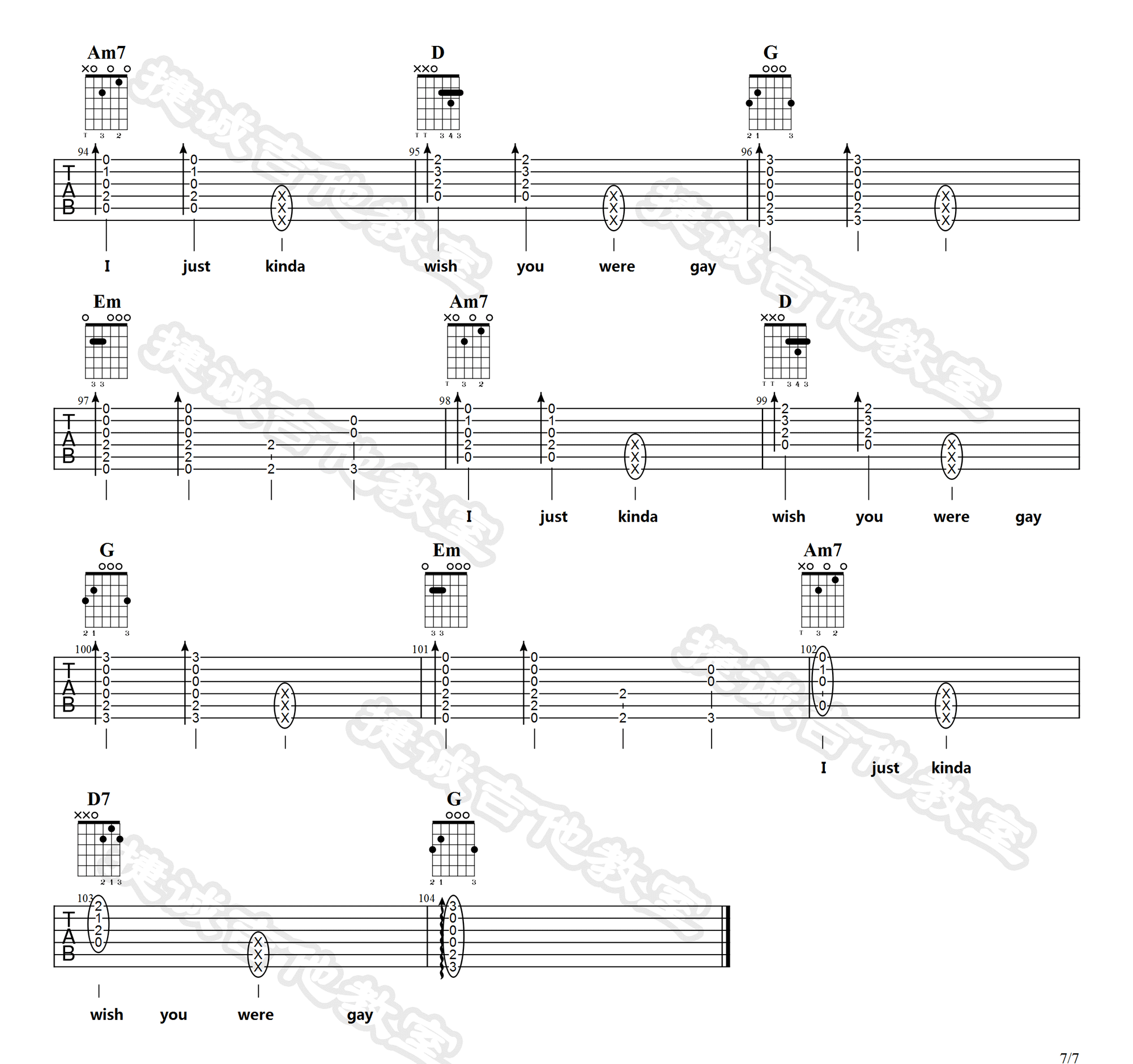 Wish-You-Were-G吉他谱,简单G调原版指弹曲谱,Billi高清六线谱教学