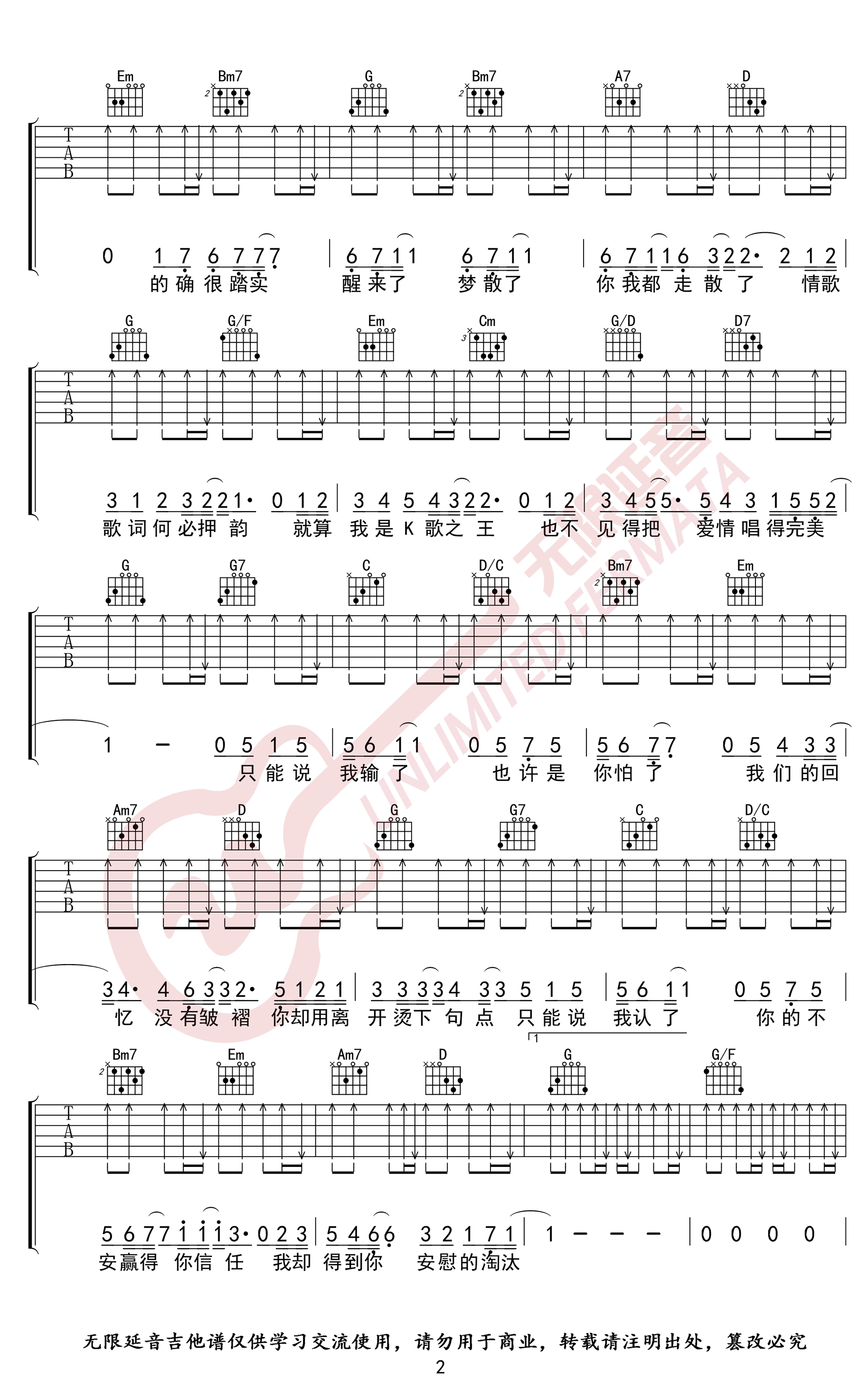 淘汰吉他谱,简单G调原版弹唱曲谱,陈奕迅高清六线谱教程