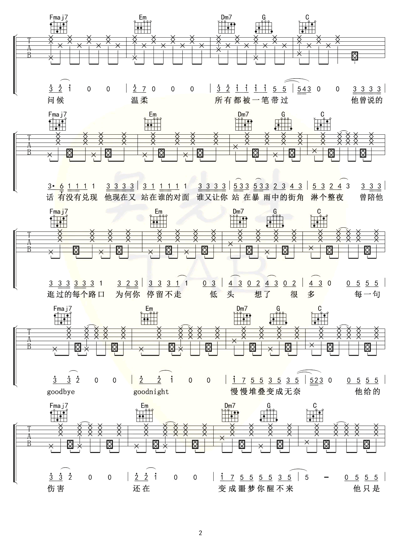 他只是经过吉他谱,原版Felix歌曲,简单C调指弹曲谱,高清六线乐谱