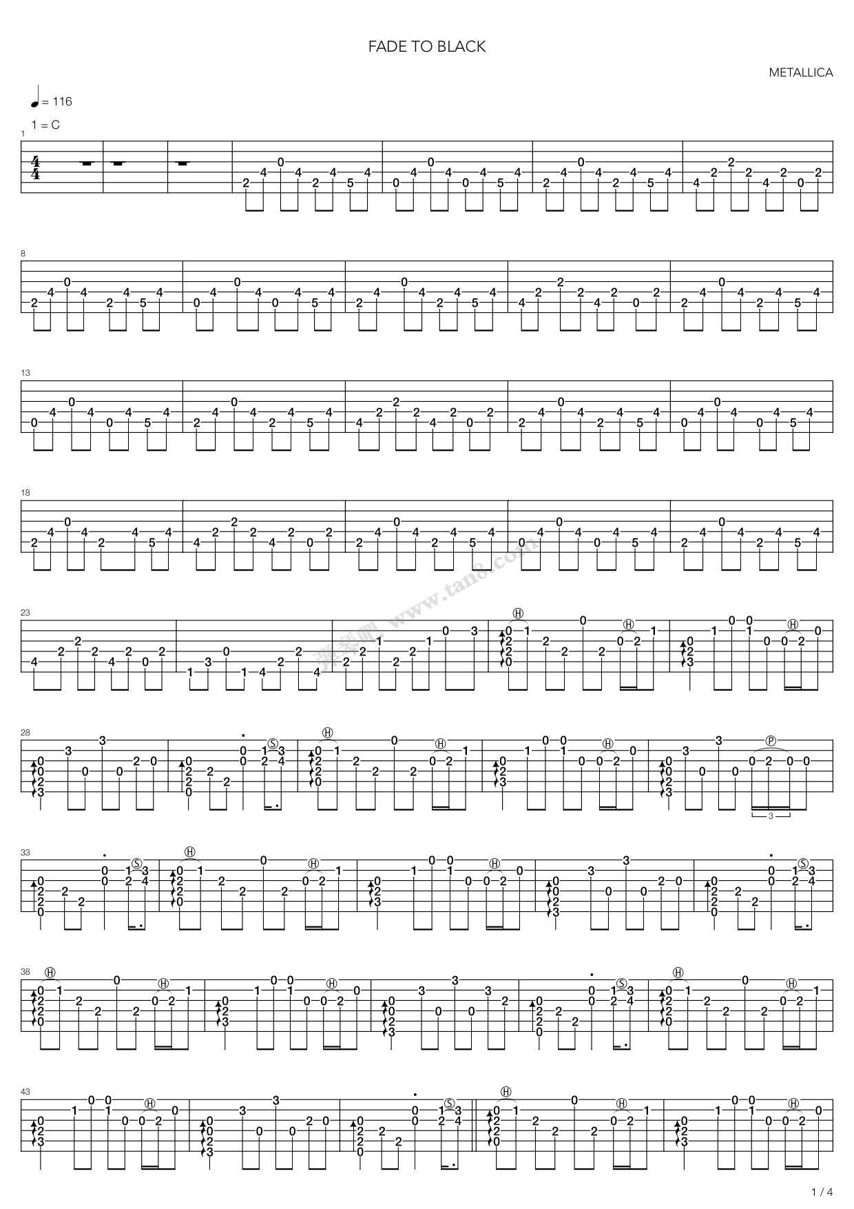 Fade To Black吉他谱,原版Metallica歌曲,简单指弹曲谱,高清六线乐谱