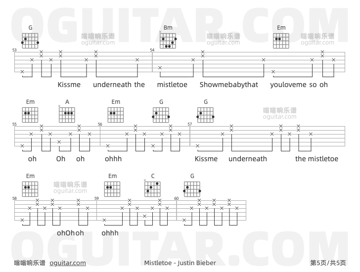 Mistletoe吉他谱,Justin Bieber歌曲,G调指弹简谱,5张教学六线谱