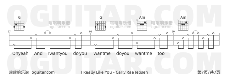 IReallyLikeYou吉他谱,Carly Rae Jepsen歌曲,C调指弹简谱,7张教学六线谱