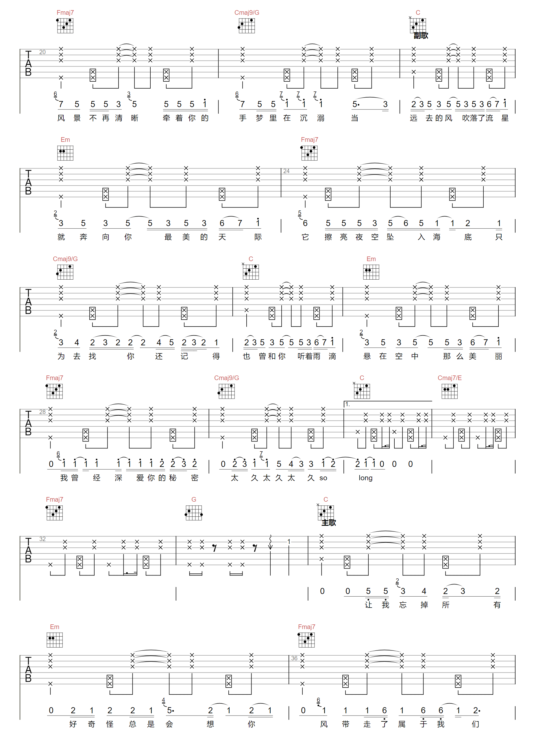 余佳运天气未报吉他谱,简单C调原版弹唱曲谱,余佳运高清六线谱教程