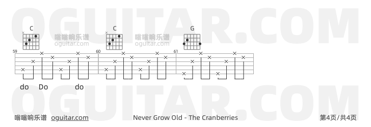NeverGrowOld吉他谱,The Cranberries歌曲,G调指弹简谱,4张教学六线谱
