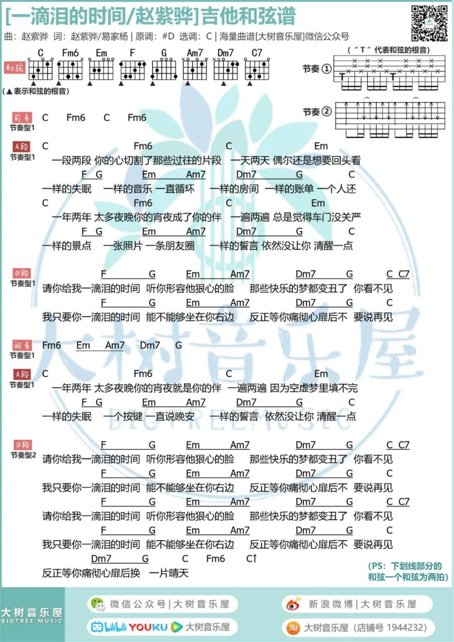 一滴泪的时间吉他谱,赵紫骅歌曲,C调指弹简谱,新手弹唱和弦谱