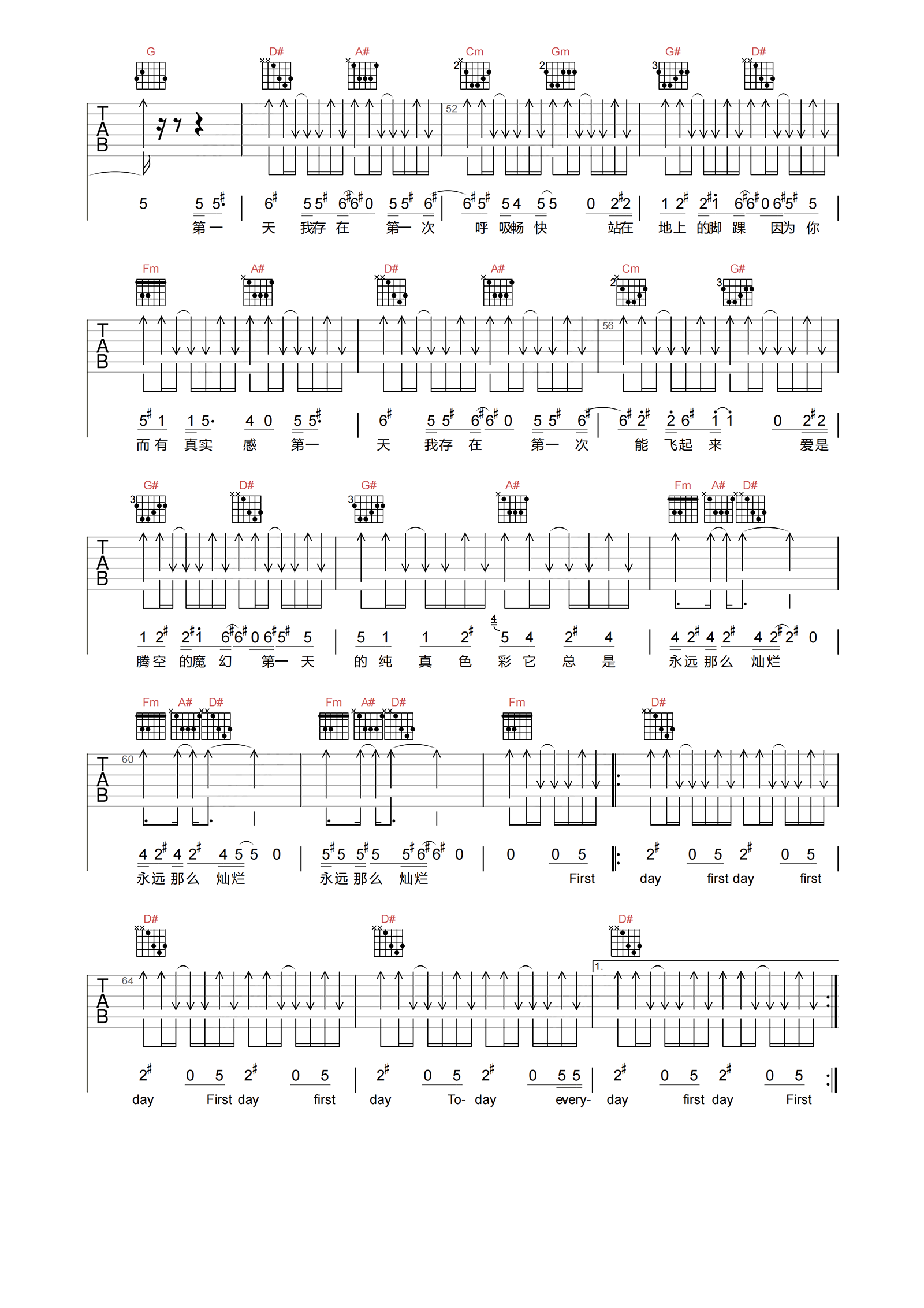 第一天吉他谱,简单原版弹唱曲谱,歌手高清六线谱教程
