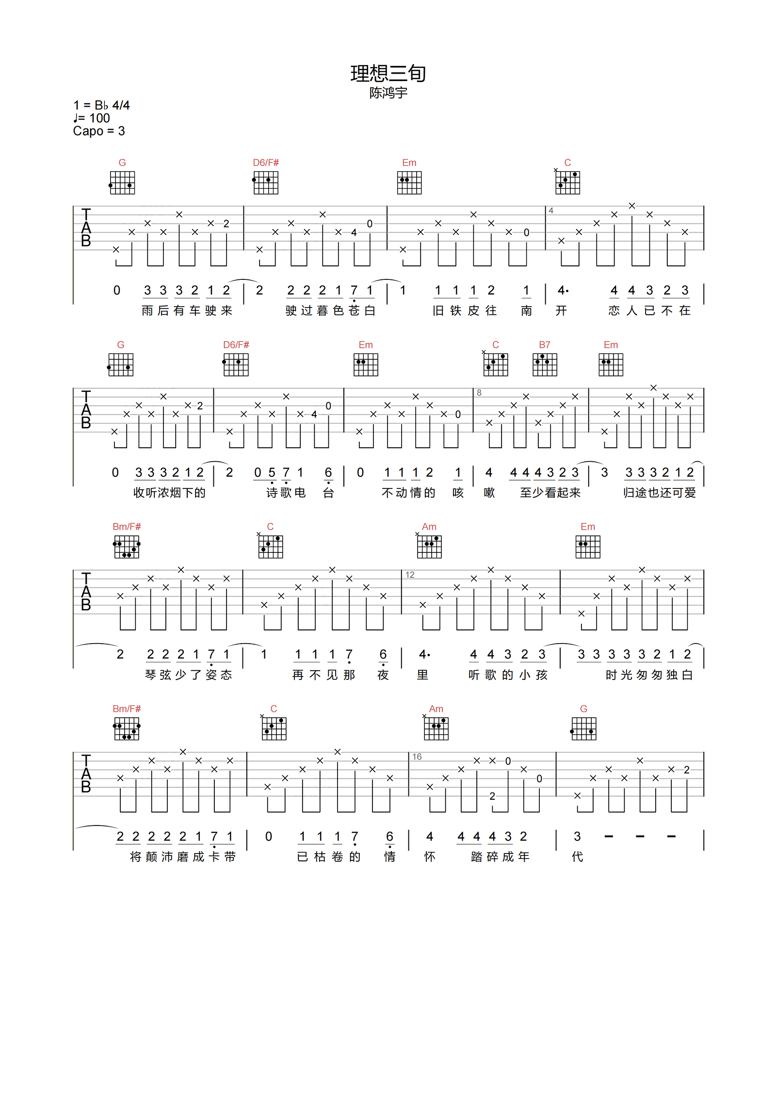理想三旬吉他谱_陈鸿宇_G调指弹 - 吉他世界