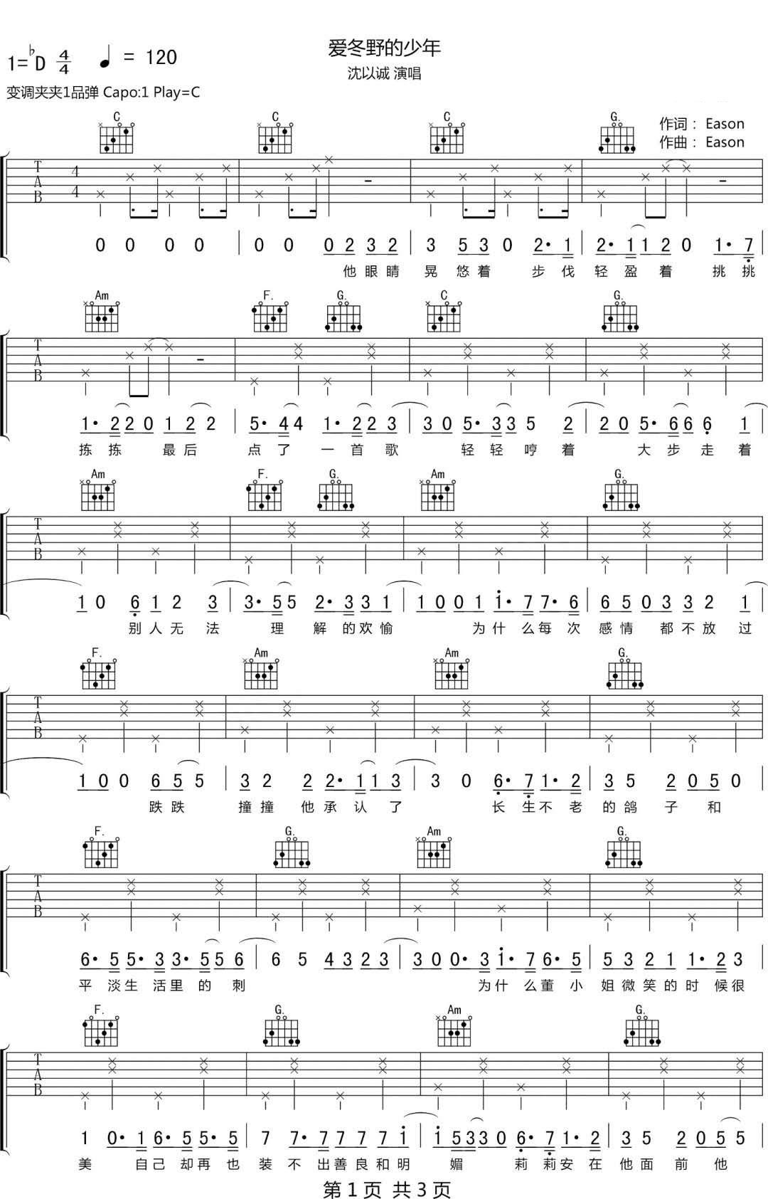 爱冬野的少年吉他谱,原版沈以诚歌曲,简单C调指弹曲谱,高清六线乐谱