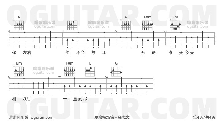 夏洛特烦恼吉他谱,金志文歌曲,G调指弹简谱,4张教学六线谱