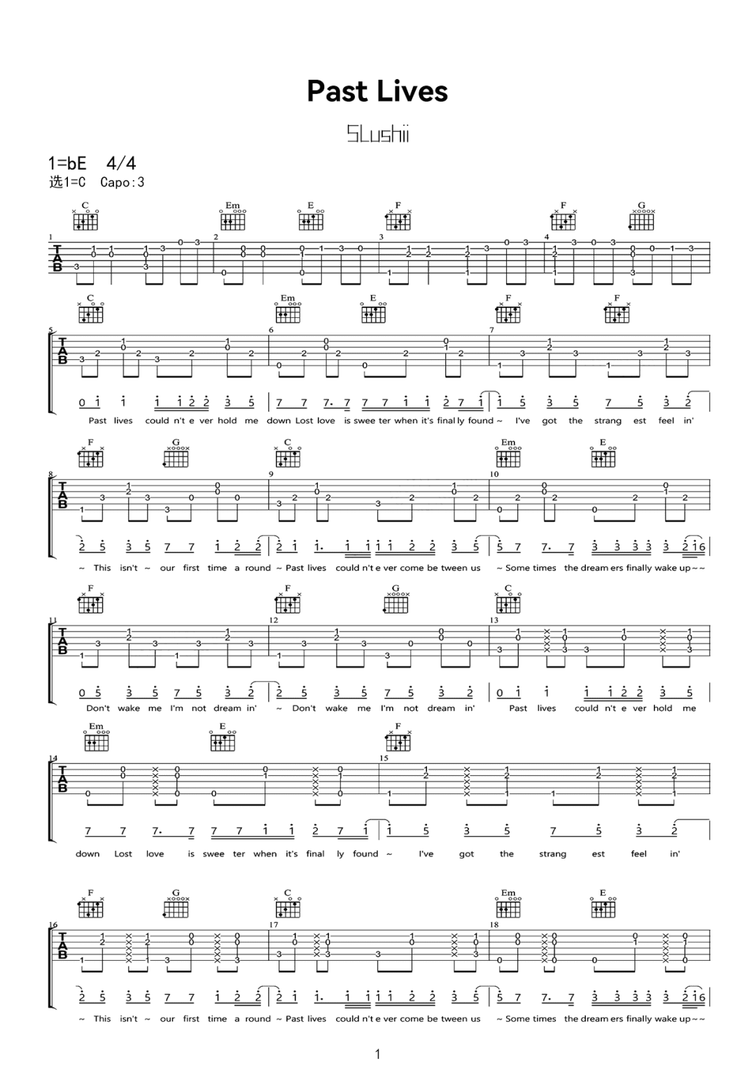 SlushiiPast-Liv吉他谱,简单C调原版指弹曲谱,Slush高清六线谱教程