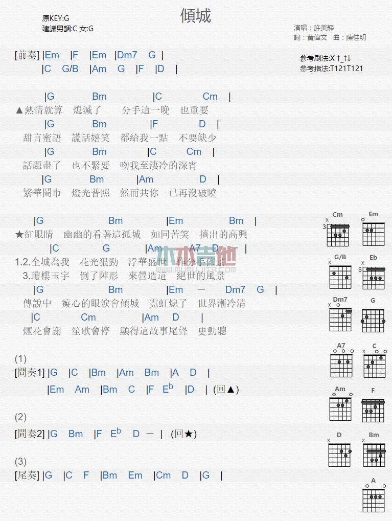 倾城吉他谱,许美静歌曲,G调指弹简谱,新手弹唱和弦谱