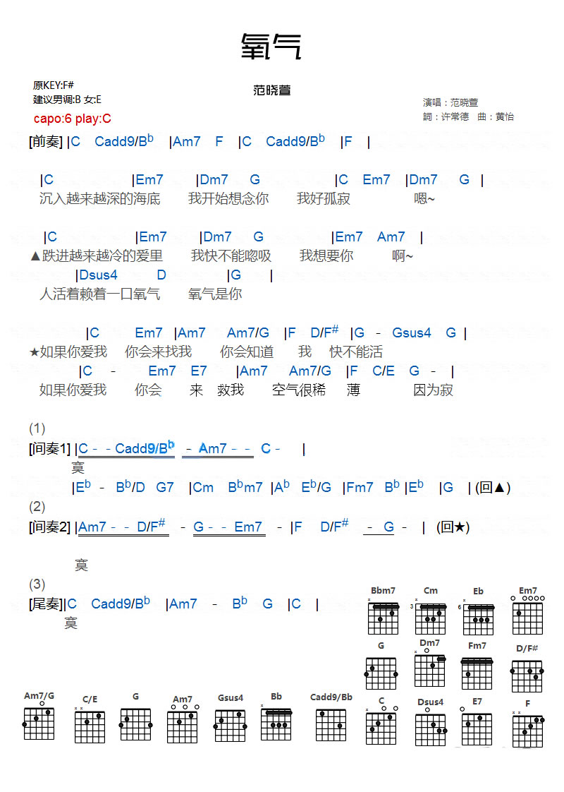 氧气吉他谱,原版范晓萱歌曲,简单C调指弹曲谱,高清六线乐谱