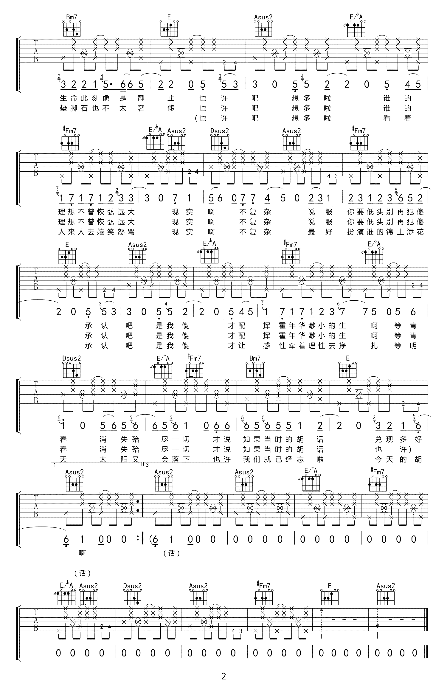 才华有限公司吉他谱,原版金玟岐歌曲,简单A调指弹曲谱,高清六线乐谱