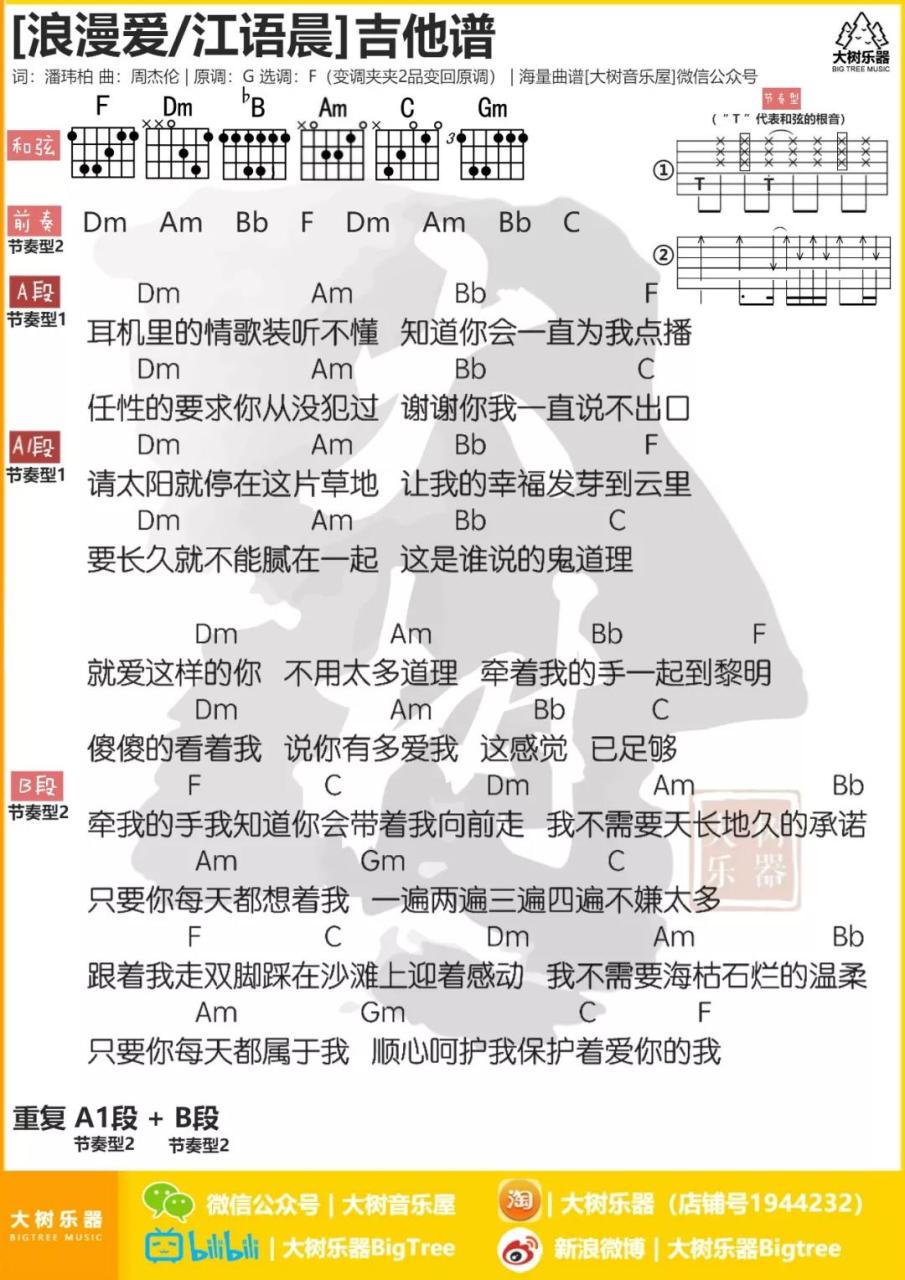 浪漫爱吉他谱,张敬轩歌曲,F调指弹简谱,新手弹唱和弦谱