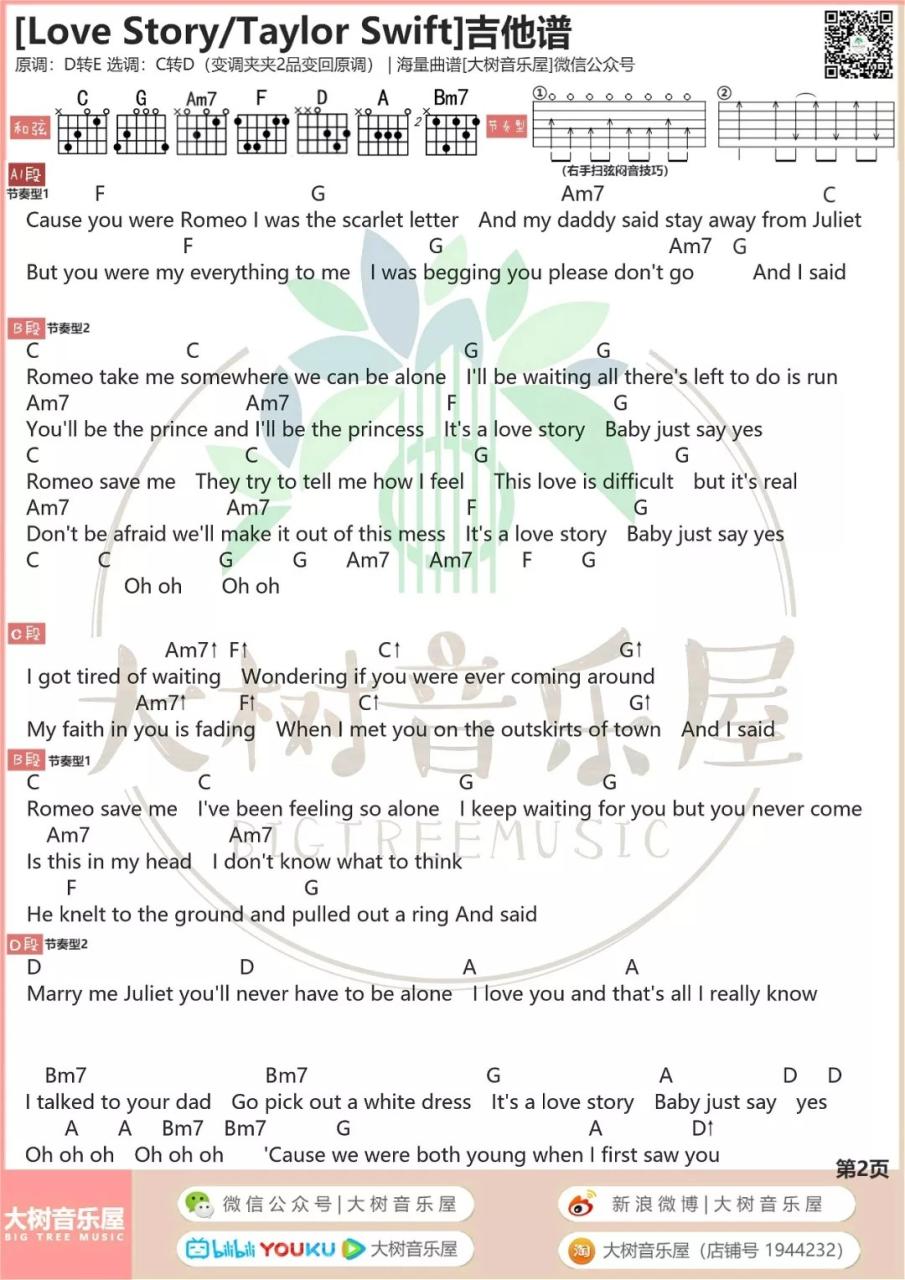 Love Story吉他谱,Taylor Swift歌曲,D调指弹简谱,新手弹唱和弦谱