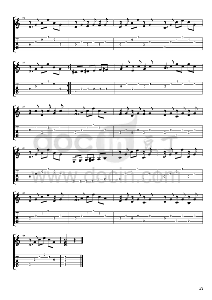 激流吉他指弹谱 - W吉他谱,简单原版指弹曲谱,肖邦高清六线谱简谱