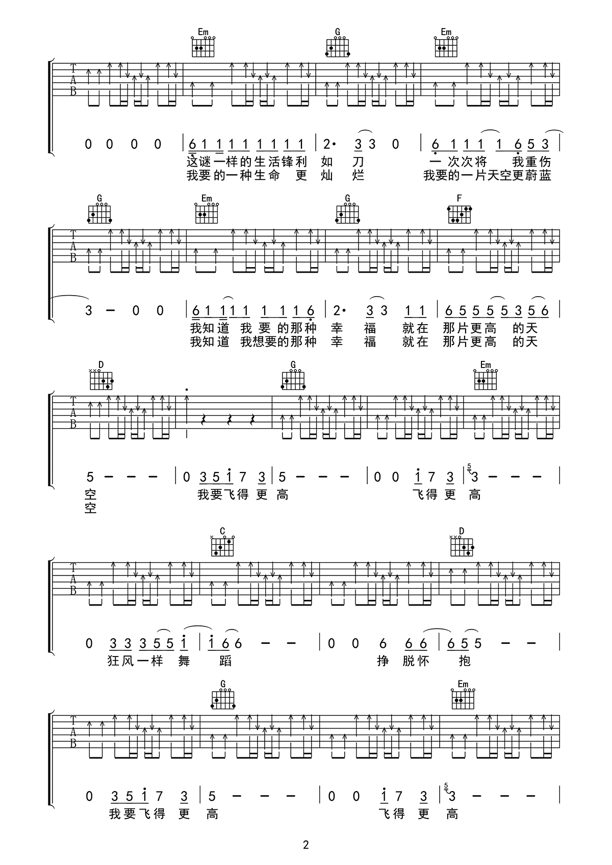 飞得更高吉他谱,原版汪峰歌曲,简单G调指弹曲谱,高清六线乐谱