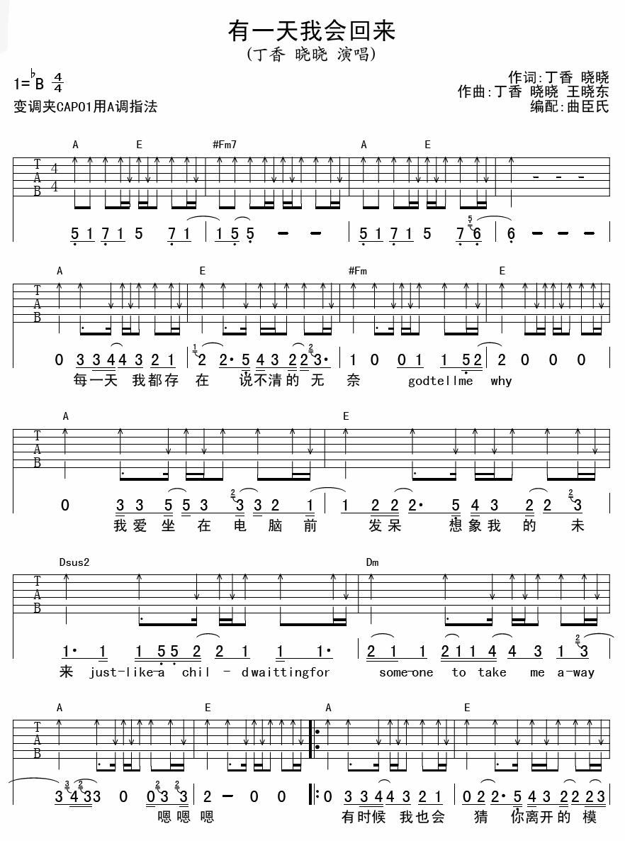 晓晓有一天我会回来吉他谱,简单C调原版弹唱曲谱,网络歌手高清六线谱简谱