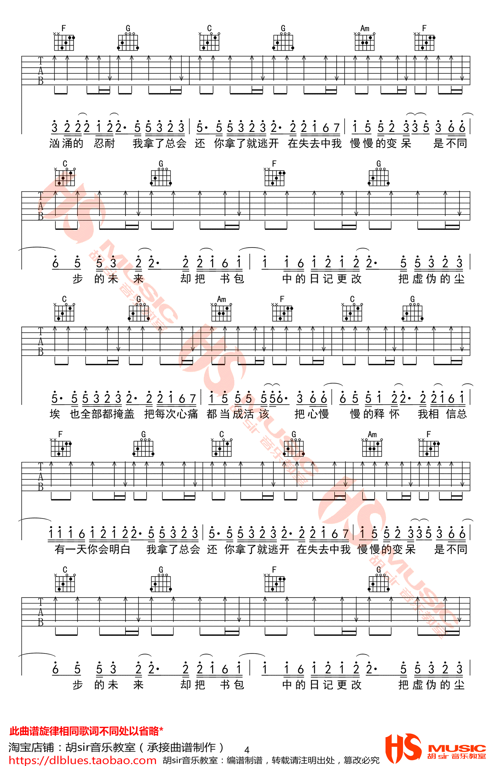 去年夏天吉他谱,原版王大毛歌曲,简单C调指弹曲谱,高清六线乐谱