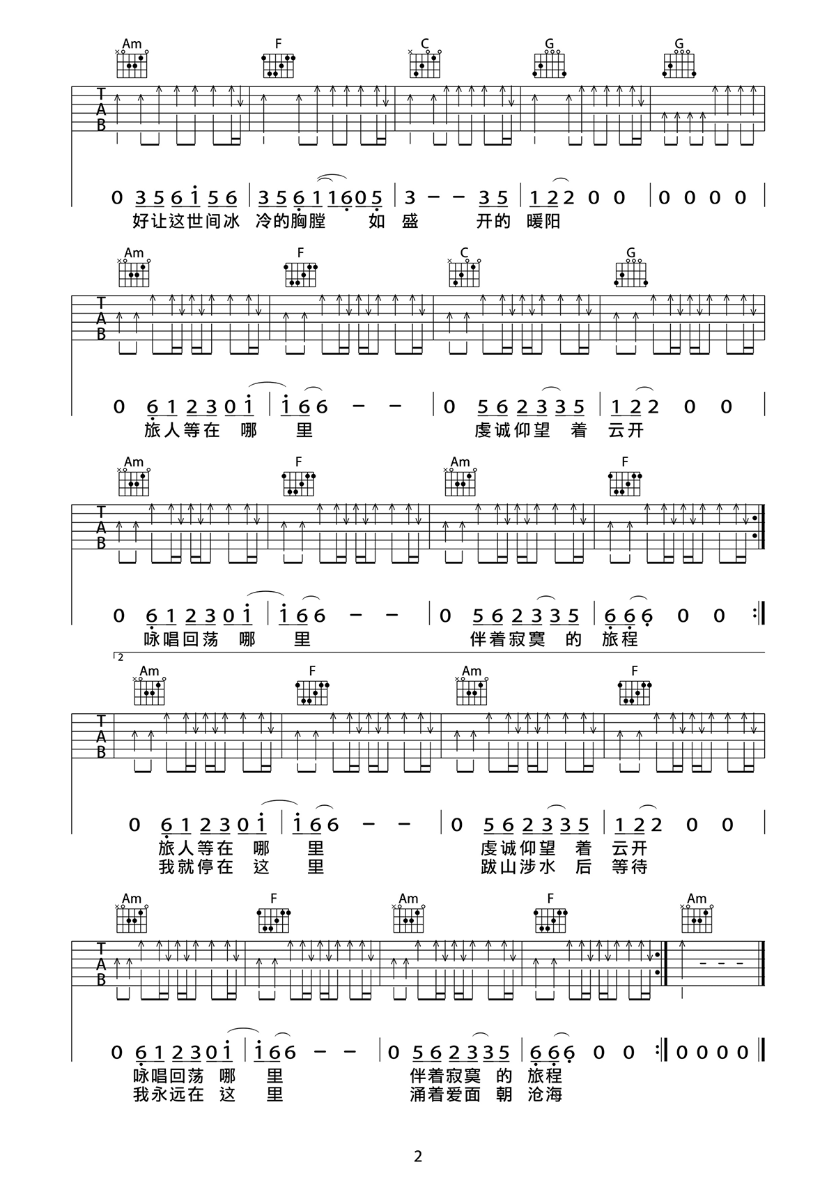 第三极吉他谱,原版许巍歌曲,简单C调指弹曲谱,高清六线乐谱