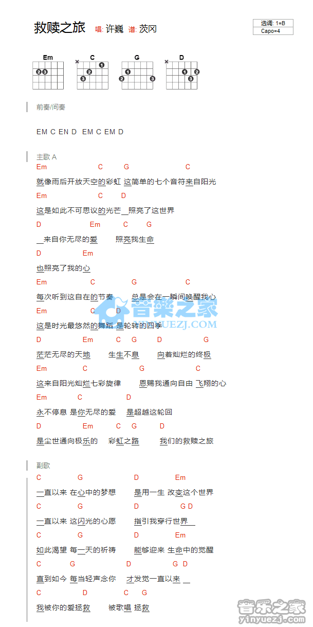 救赎之旅吉他谱,许巍歌曲,B调指弹简谱,新手弹唱和弦谱