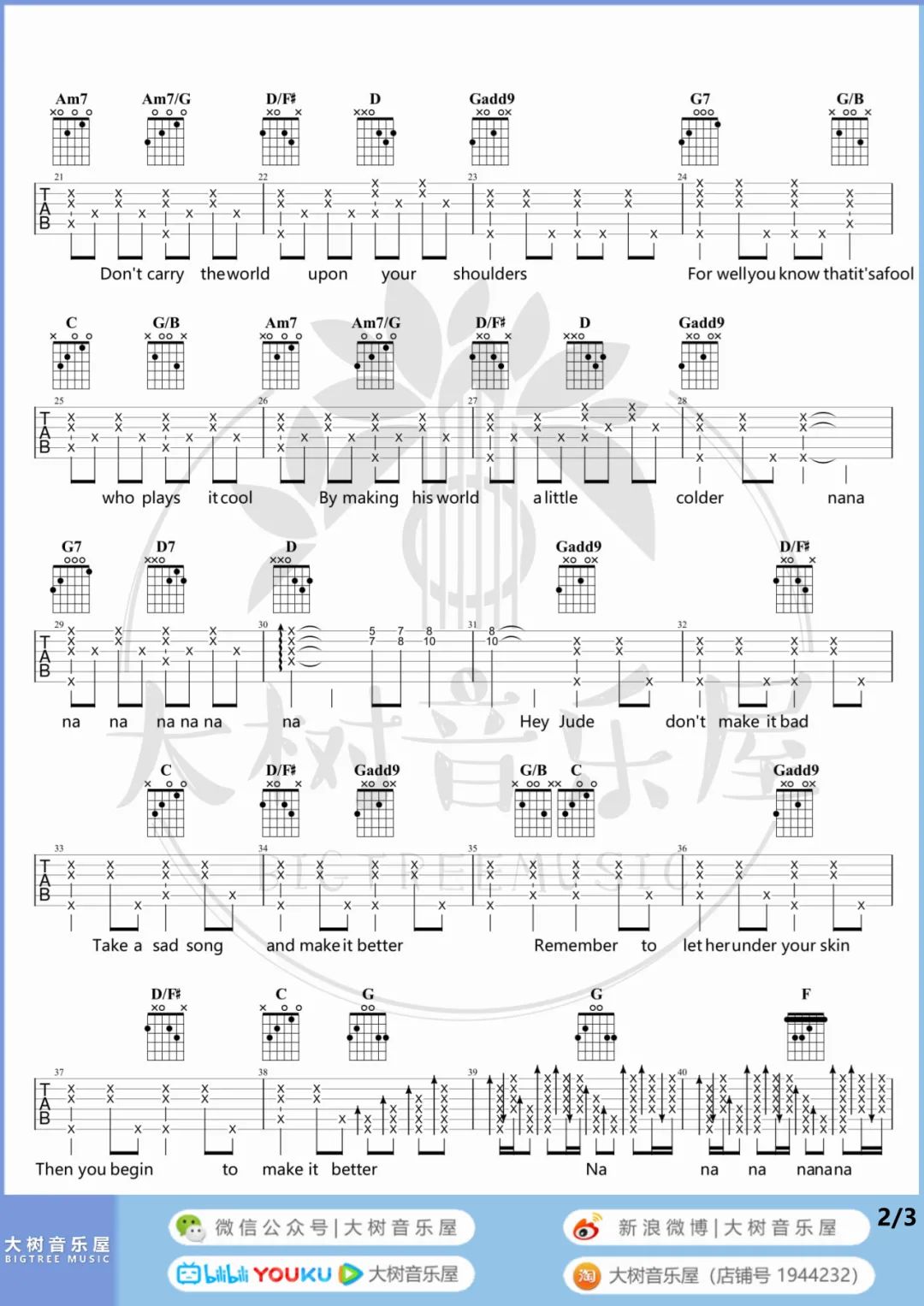 孙燕姿Hey Jude吉他谱,简单G调原版指弹曲谱,孙燕姿高清六线谱图片