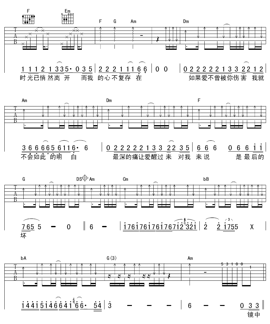 飞舞吉他谱,王冰洋歌曲,C调指弹简谱,新手弹唱六线谱