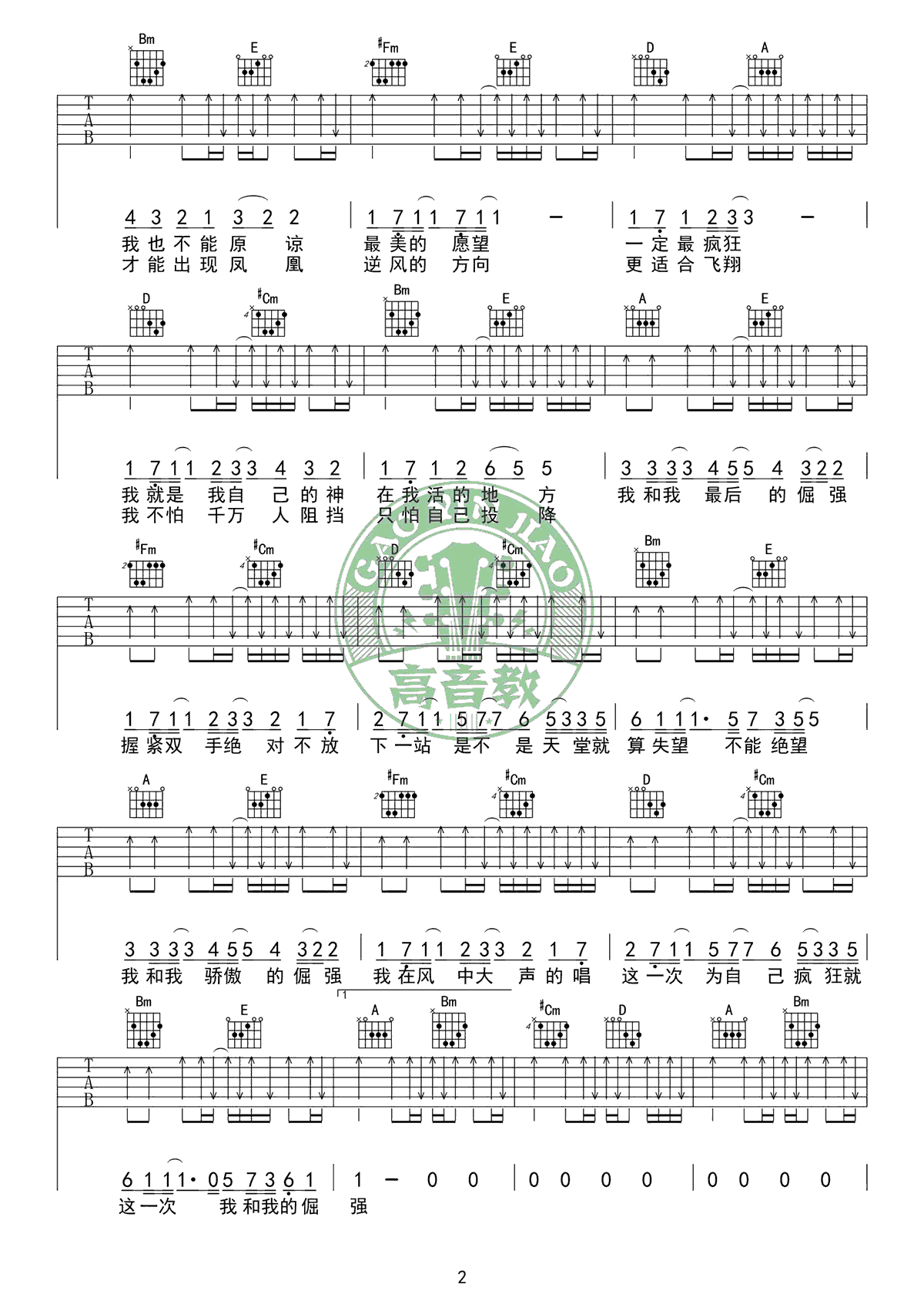 五月天倔强吉他谱,简单A调原版指弹曲谱,五月天高清六线谱教学