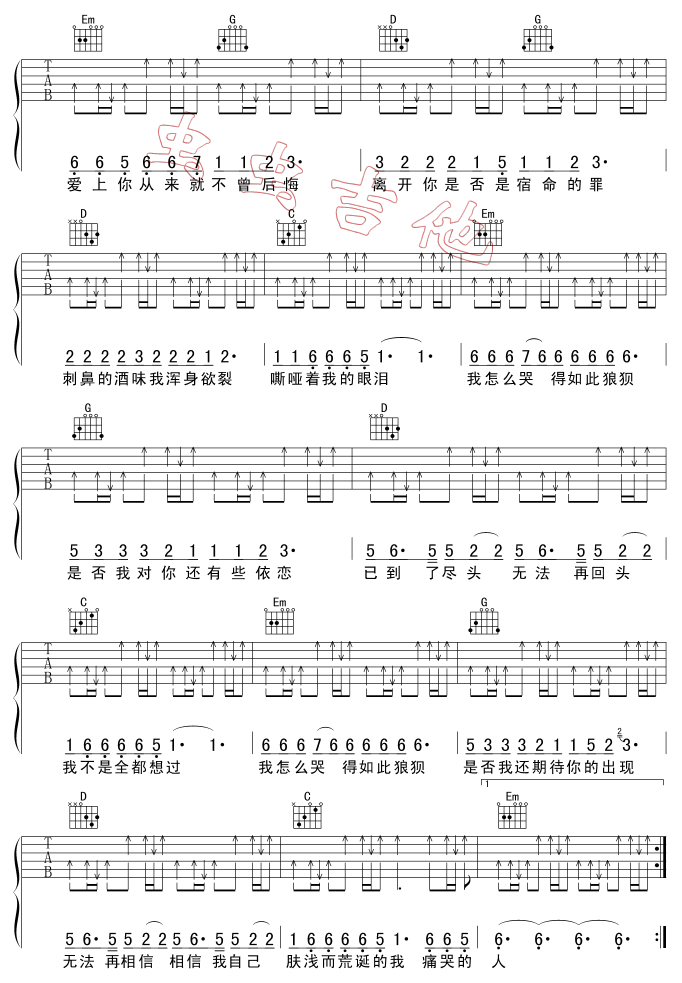 痛哭的人吉他谱,原版伍佰歌曲,简单E调弹唱教学,六线谱指弹简谱4张图