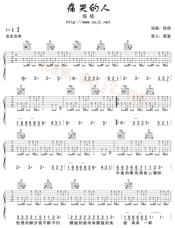 痛哭的人吉他谱,原版伍佰歌曲,简单E调弹唱教学,六线谱指弹简谱4张图