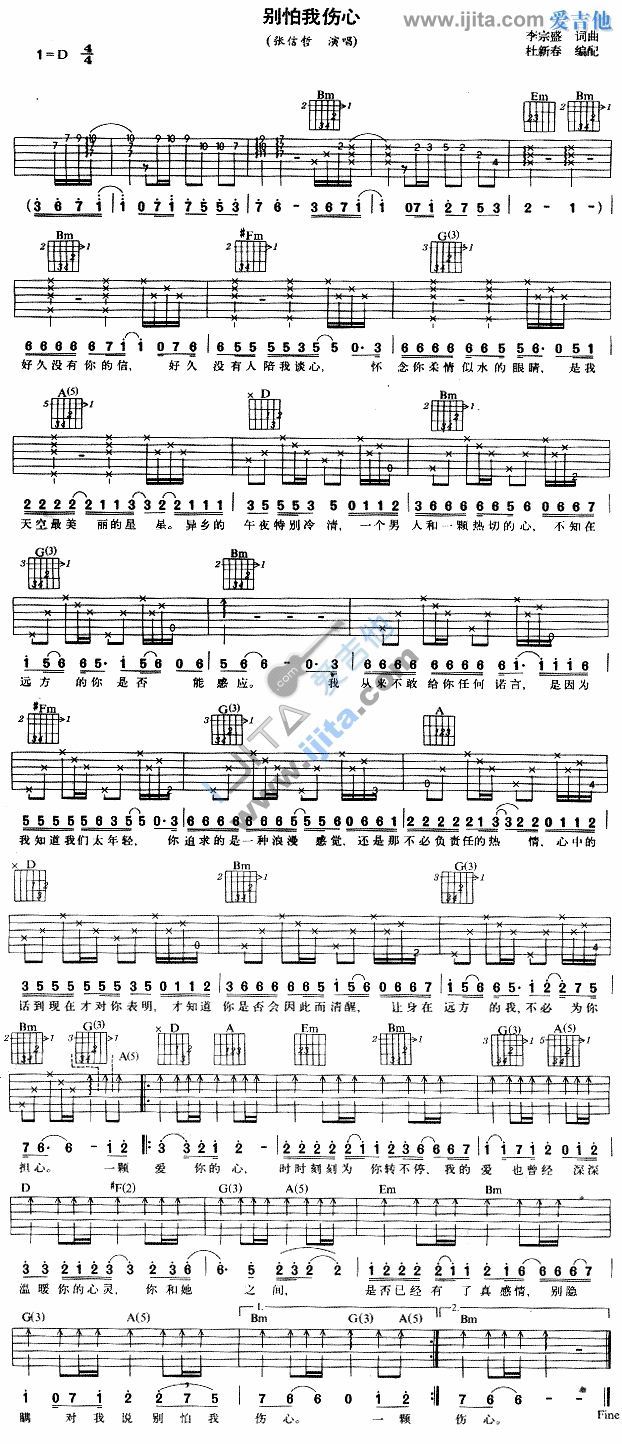 别怕我伤心吉他谱,简单C调信哲高清流行弹唱六线乐谱