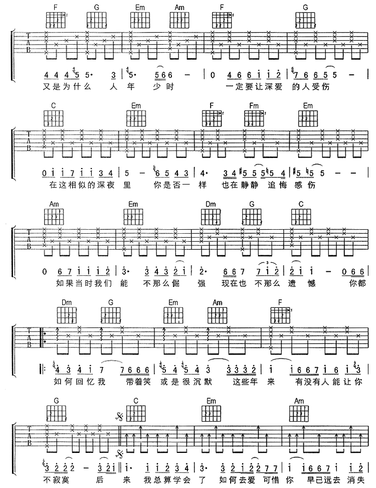 后来吉他谱,原版歌曲,简单双吉他弹唱教学,六线谱指弹简谱6张图