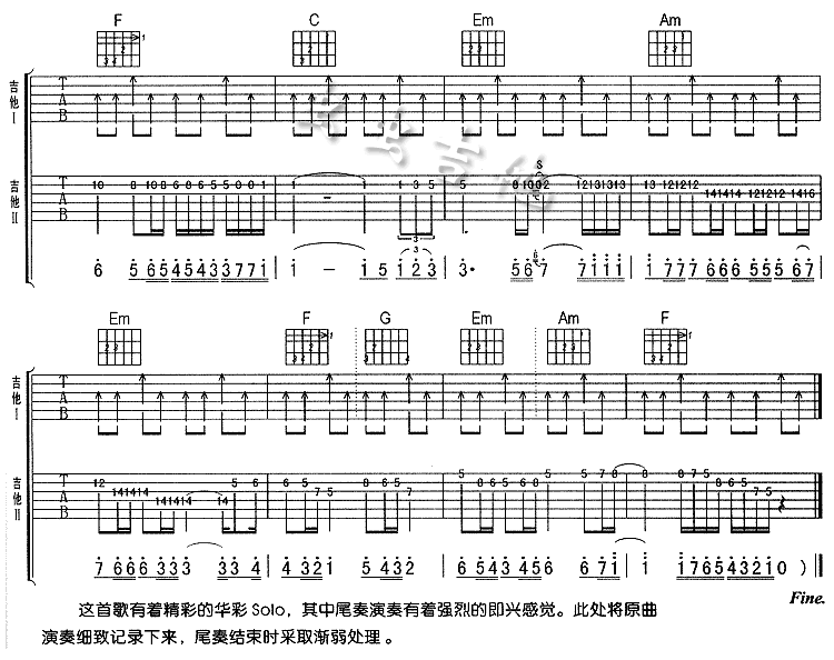 后来吉他谱,原版歌曲,简单双吉他弹唱教学,六线谱指弹简谱6张图