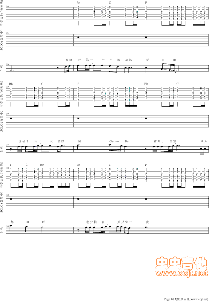 海阔天空吉他谱,原版歌曲,简单不插电弹唱教学,六线谱指弹简谱13张图