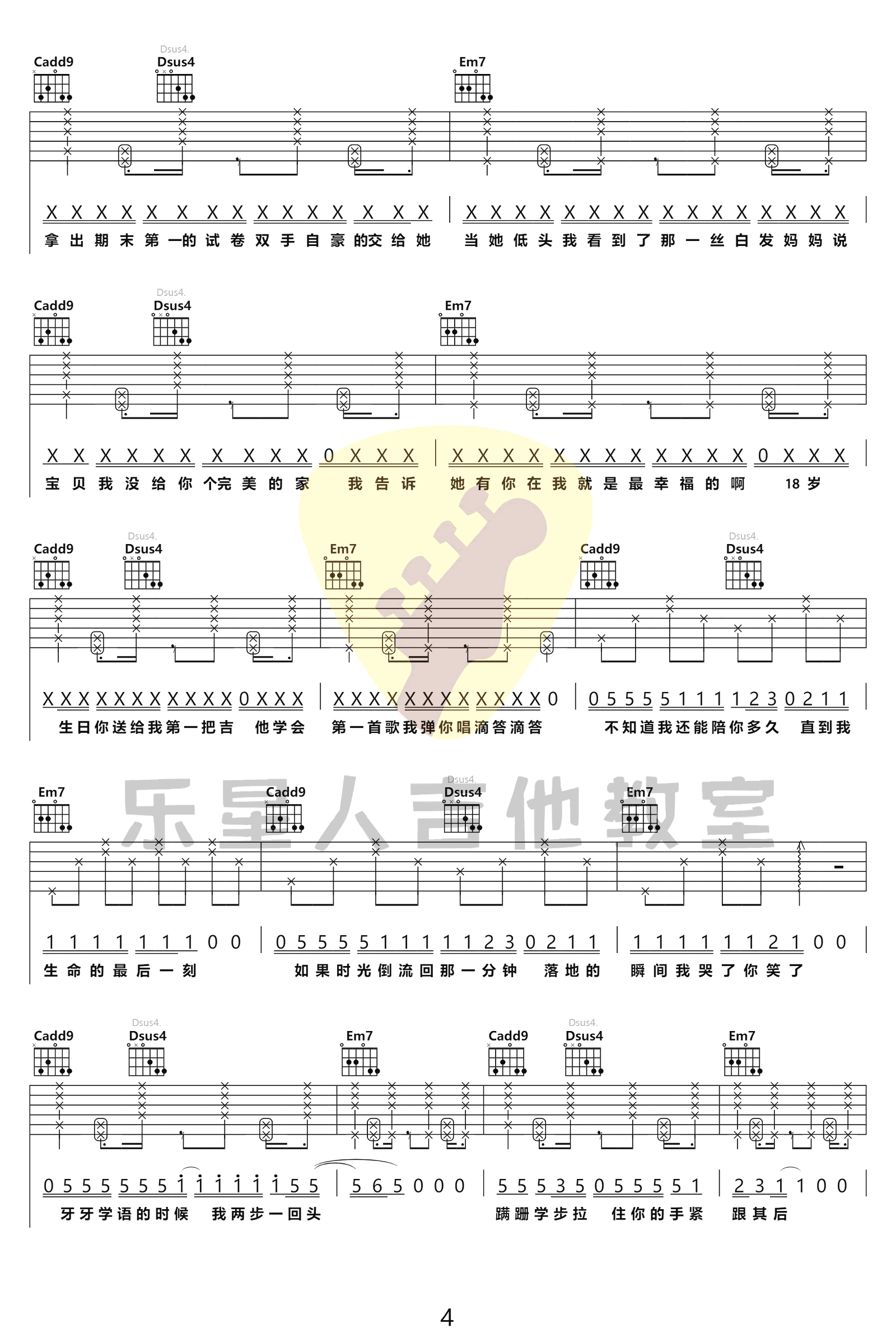 MOM吉他谱,原版蜡笔小心歌曲,简单C调指弹曲谱,高清六线乐谱