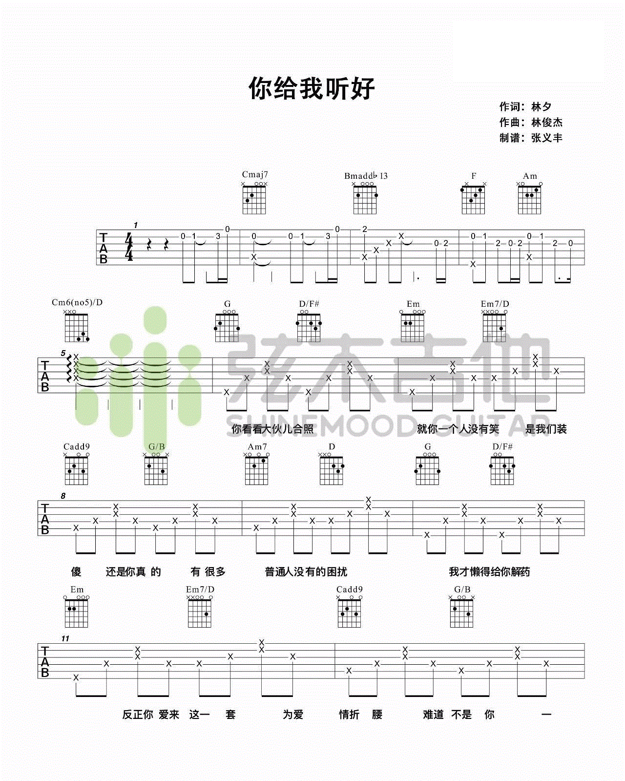 你给我听好吉他谱,原版张碧晨歌曲,简单陈奕迅弹唱教学,六线谱指弹简谱完整版_C调_吉他图片谱4张图