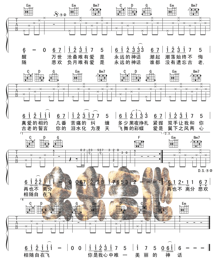 美丽的神话吉他谱,原版歌曲,简单进阶版弹唱教学,六线谱指弹简谱2张图