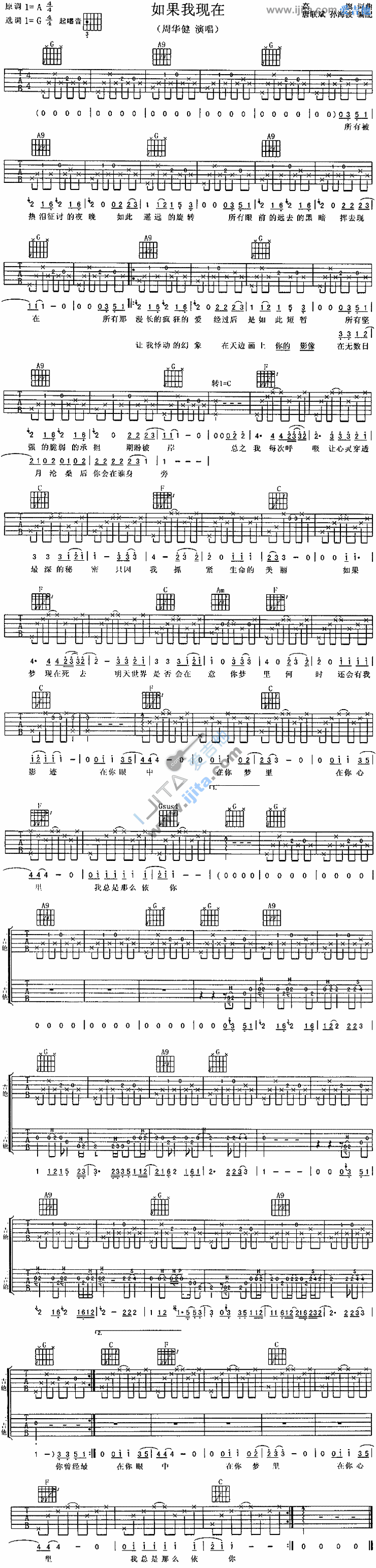 如果我现在吉他谱,简单C调原版指弹曲谱,周华健高清流行弹唱六线乐谱